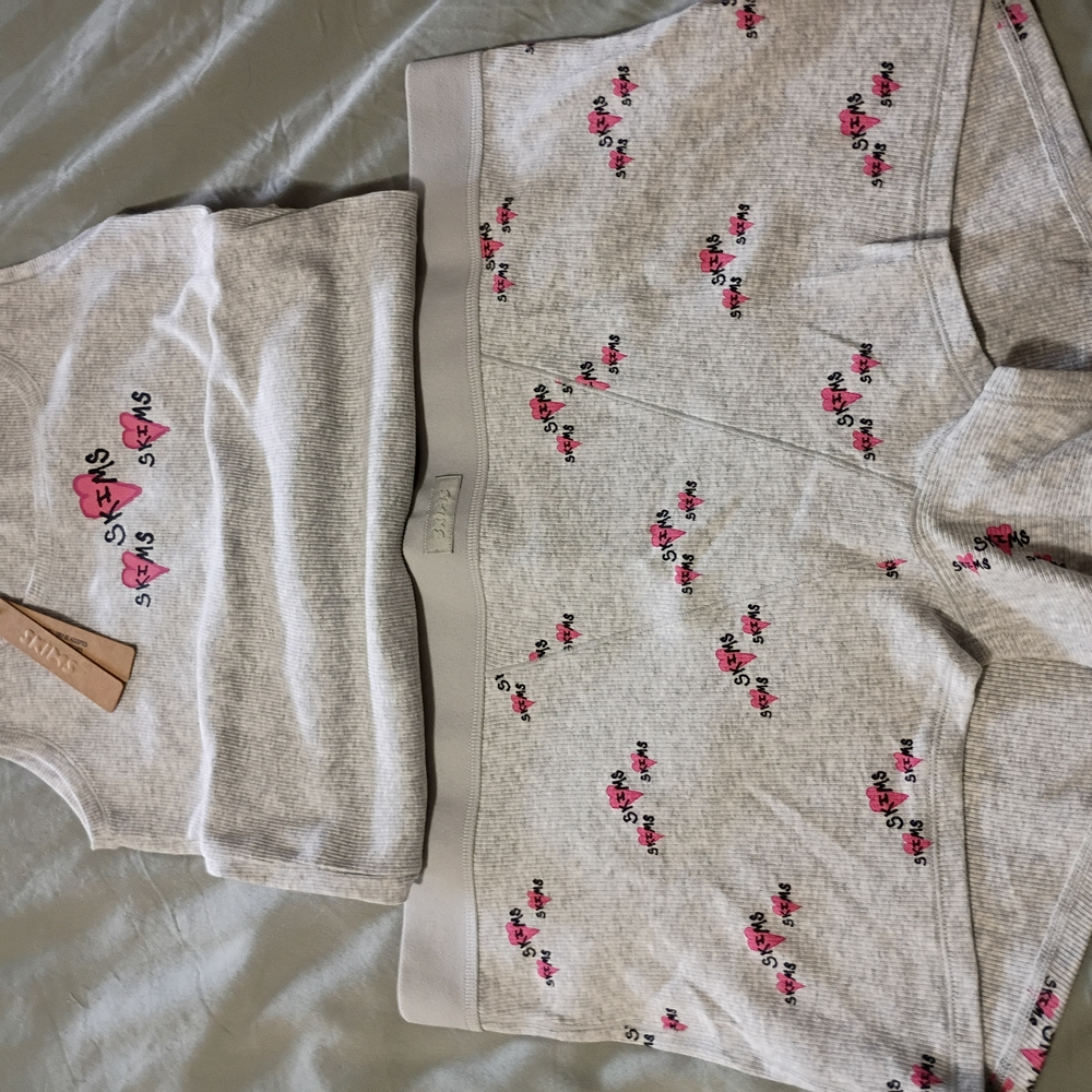 SKIMS Grey Tank & Shorts Set with Pink Heart Print
